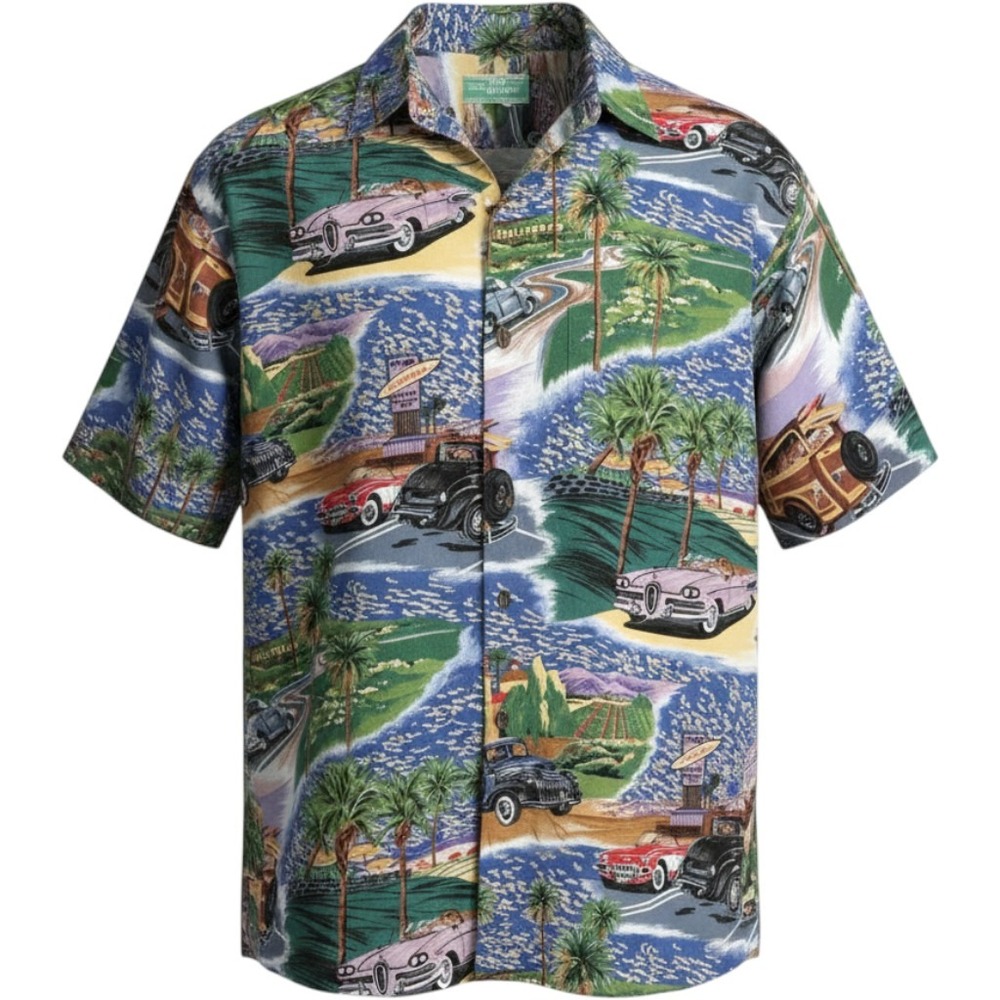 Reyn Spooner Hawaiian Shirt Mens XL Vintage Classic Cars Scenic Print Blue Green